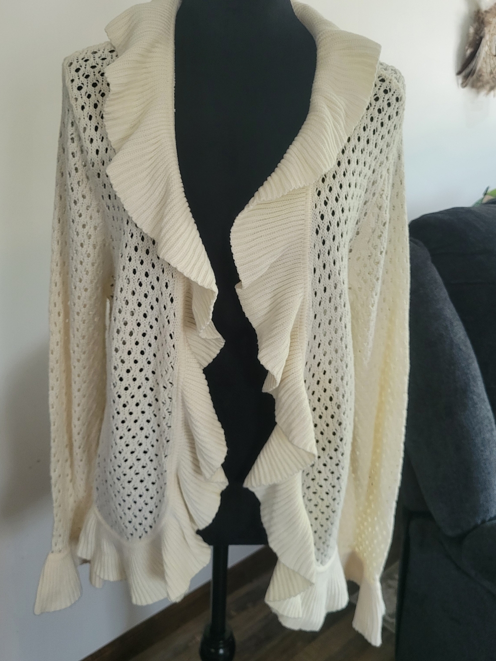 VTG True Y2K Faded Glory Pointelle Crochet Knit Ruffle Cardigan Sweater - Size X